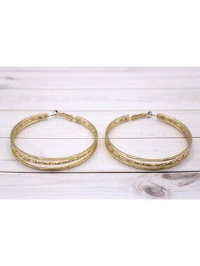 Hoop Earrings Lever Back Closure Decorative Textured Center Gold Tone 2.5" Drop